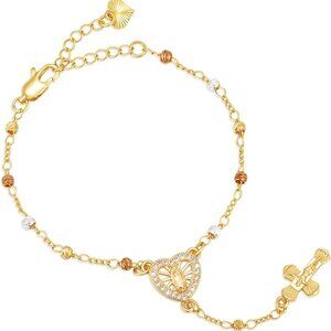 Women's Gold Virgin Mary Bracelet 14k Gold Plated Rosary Cross Religious Jewelry